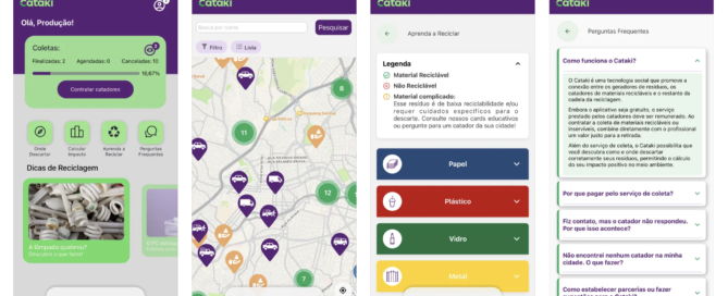 Captura de tela de um aplicativo de reciclagem Cataki ilustrando uma tela inicial, um mapa com pontos de reciclagem, legenda de reciclagem detalhando os tipos de materiais e uma seção de FAQ. A interface do aplicativo exibe tons vibrantes de verde e roxo.