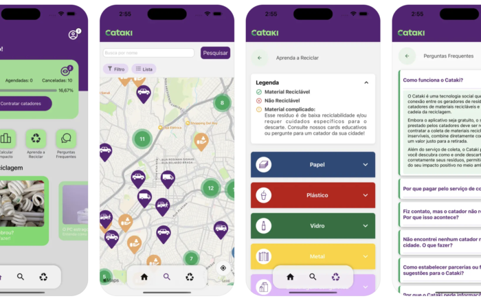 Captura de tela de um aplicativo de reciclagem Cataki ilustrando uma tela inicial, um mapa com pontos de reciclagem, legenda de reciclagem detalhando os tipos de materiais e uma seção de FAQ. A interface do aplicativo exibe tons vibrantes de verde e roxo.