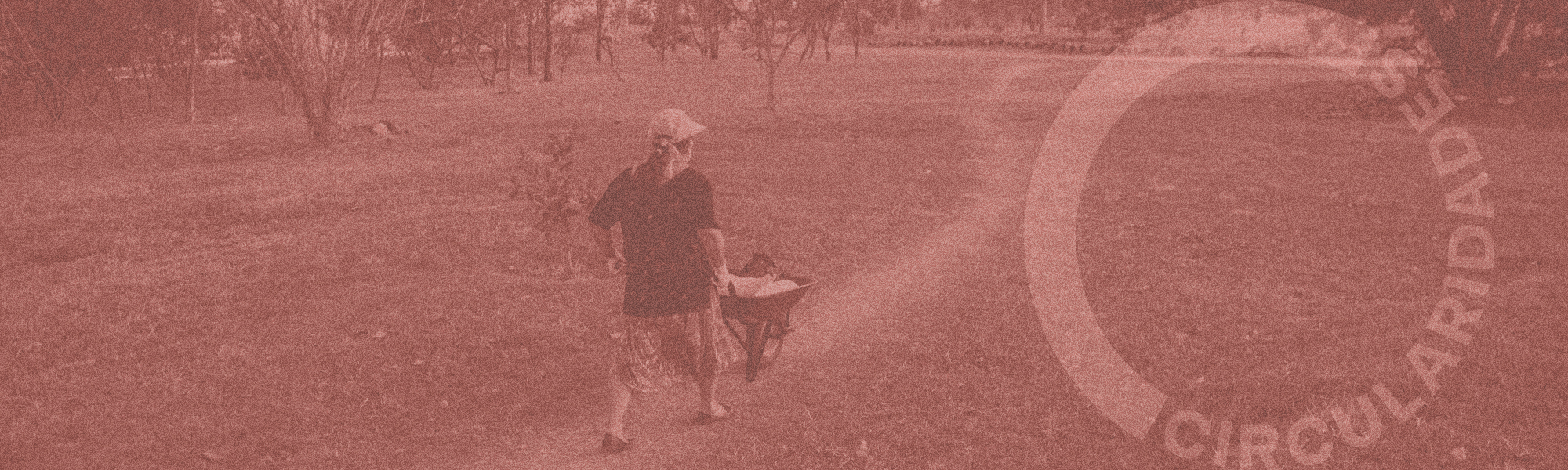 Uma pessoa é vista empurrando um carrinho de mão por um caminho em um parque, cercado por grama e árvores exuberantes. A imagem, com seus tons sépia vintage, transmite sutilmente a essência de "lançamento", já que a palavra CIRCULARIDADES é parcialmente visível no lado direito.